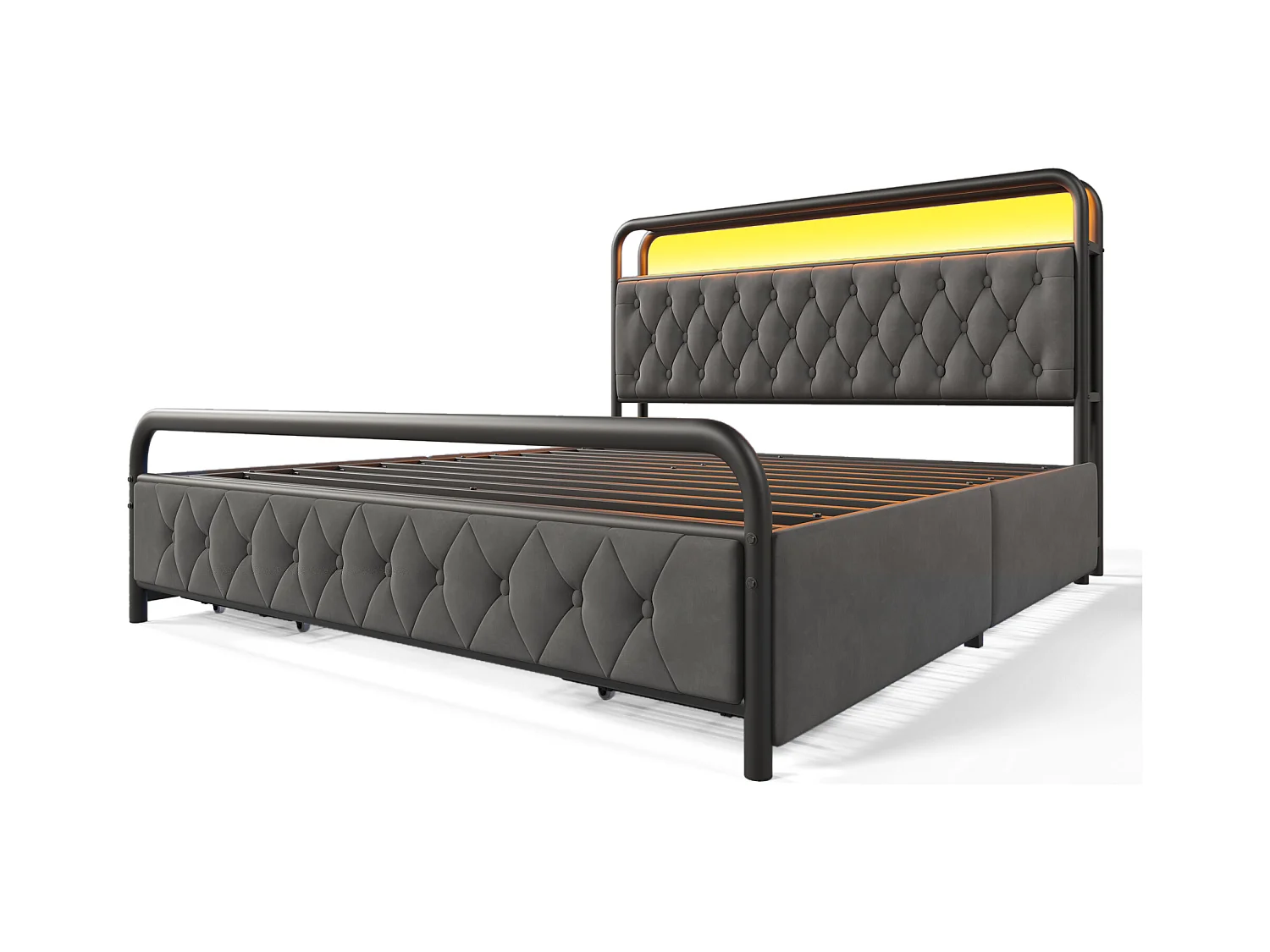 Lit adulte 160x200 cm avec sommier et 2 tiroirs - cadre de lit en métal avec USB et LED - velours - gris (sans matelas)
