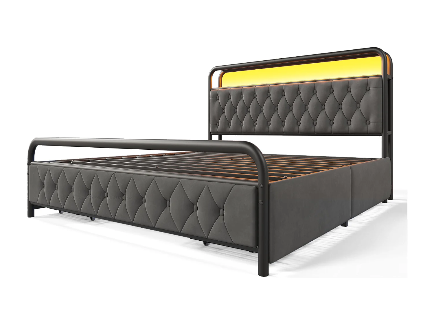 Lit adulte 160x200 cm avec sommier et 2 tiroirs - cadre de lit en métal avec USB et LED - velours - gris (sans matelas)