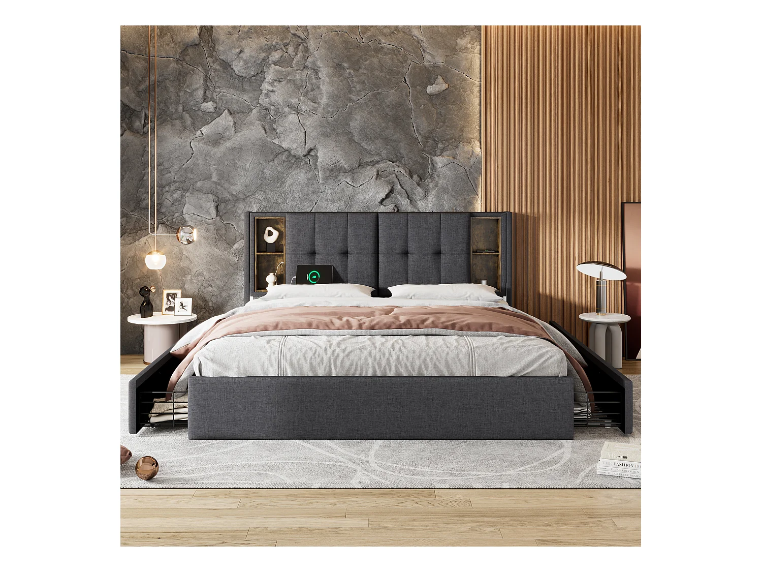 Lit double adulte 160x200cm avec sommier et 4 tiroirs - tête de lit avec USB - tissu lin - gris (sans matelas)
