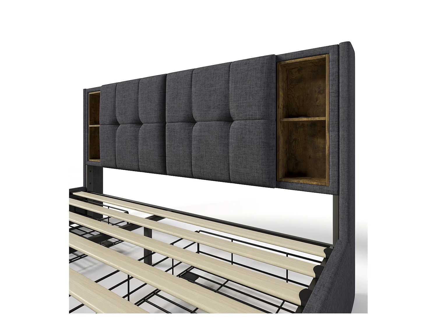 Lit double adulte 160x200cm avec sommier et 4 tiroirs - tête de lit avec USB - tissu lin - gris (sans matelas)