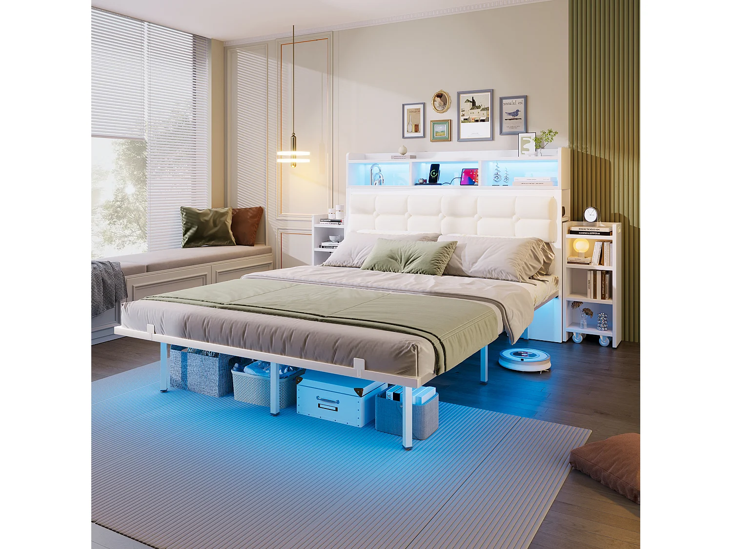 Lit double 140x190 cm cadre moderne avec grand rangement fer pour chambre blanc (Sans matelas)