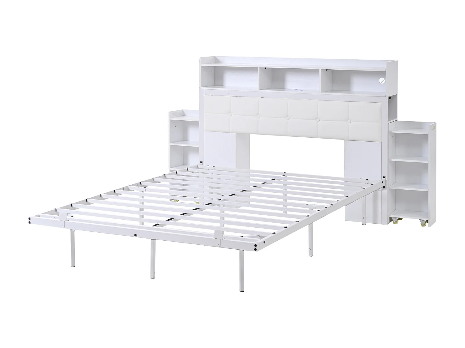 Lit double 140x190 cm avec LED station de charge et tables de chevet coulissantes, en fer, blanc (Sans matelas)