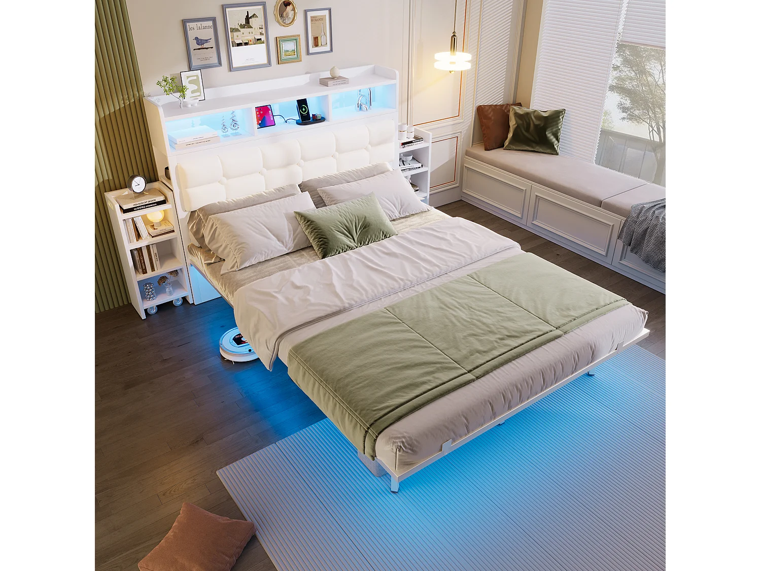 Lit double 140x190 cm avec LED station de charge et tables de chevet coulissantes, en fer, blanc (Sans matelas)