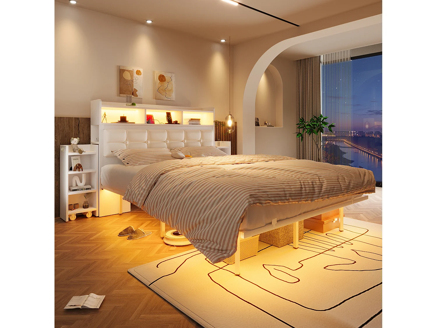 Lit double 140x190 cm avec LED station de charge et tables de chevet coulissantes, en fer, blanc (Sans matelas)