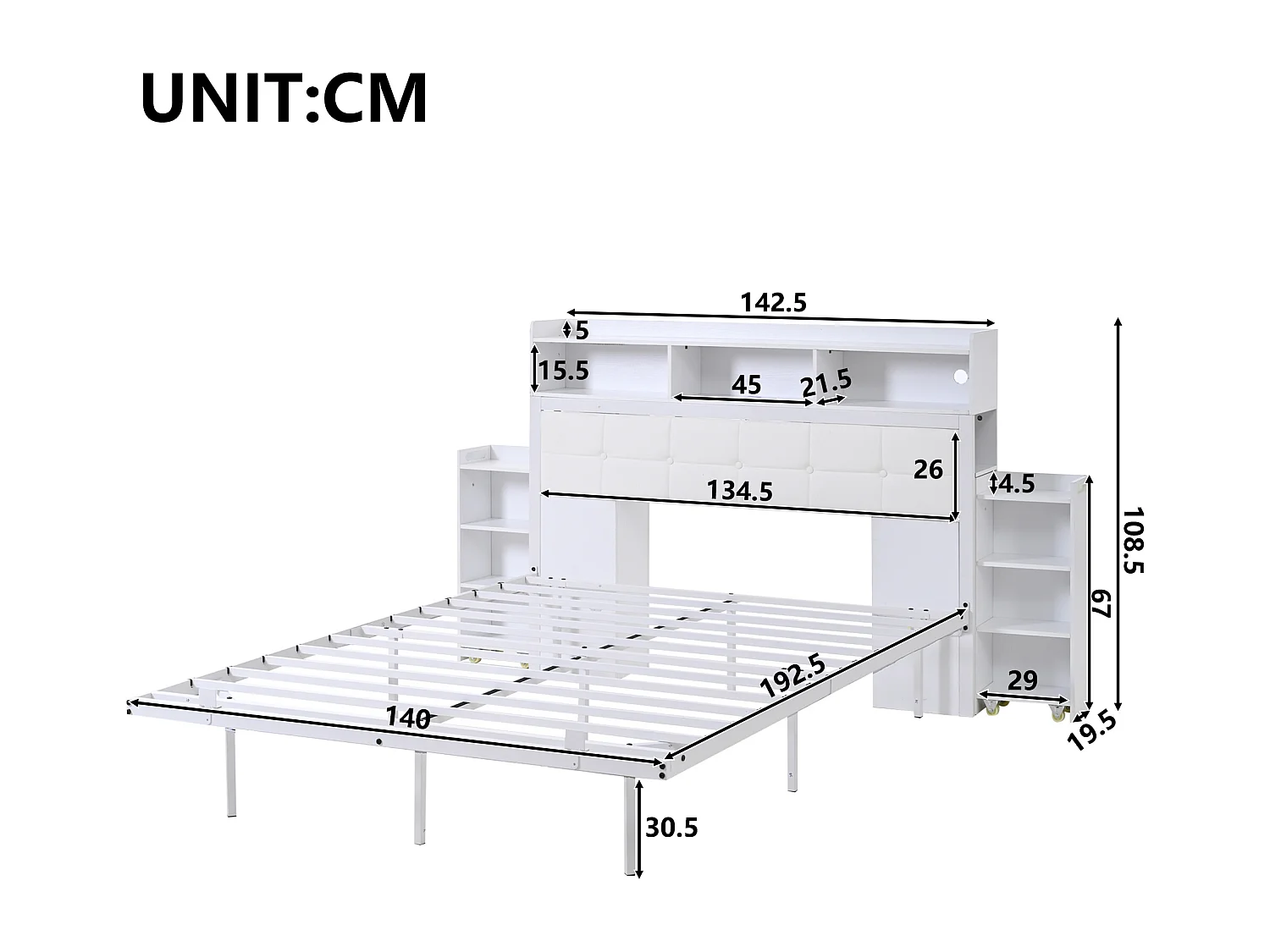 Lit double 140x190 cm avec LED station de charge et tables de chevet coulissantes, en fer, blanc (Sans matelas)