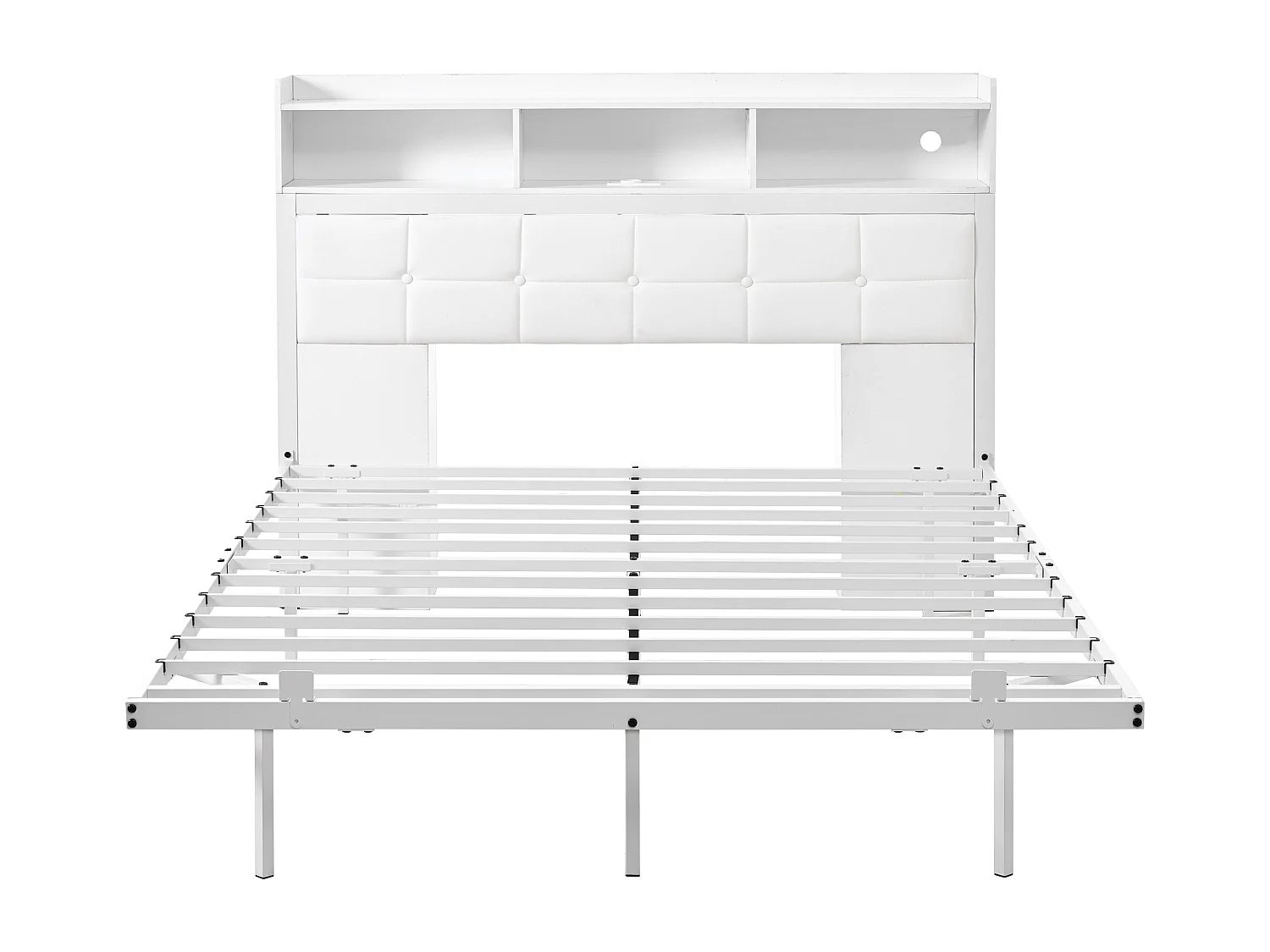 Lit double 140x190 cm avec LED station de charge et tables de chevet coulissantes, en fer, blanc (Sans matelas)