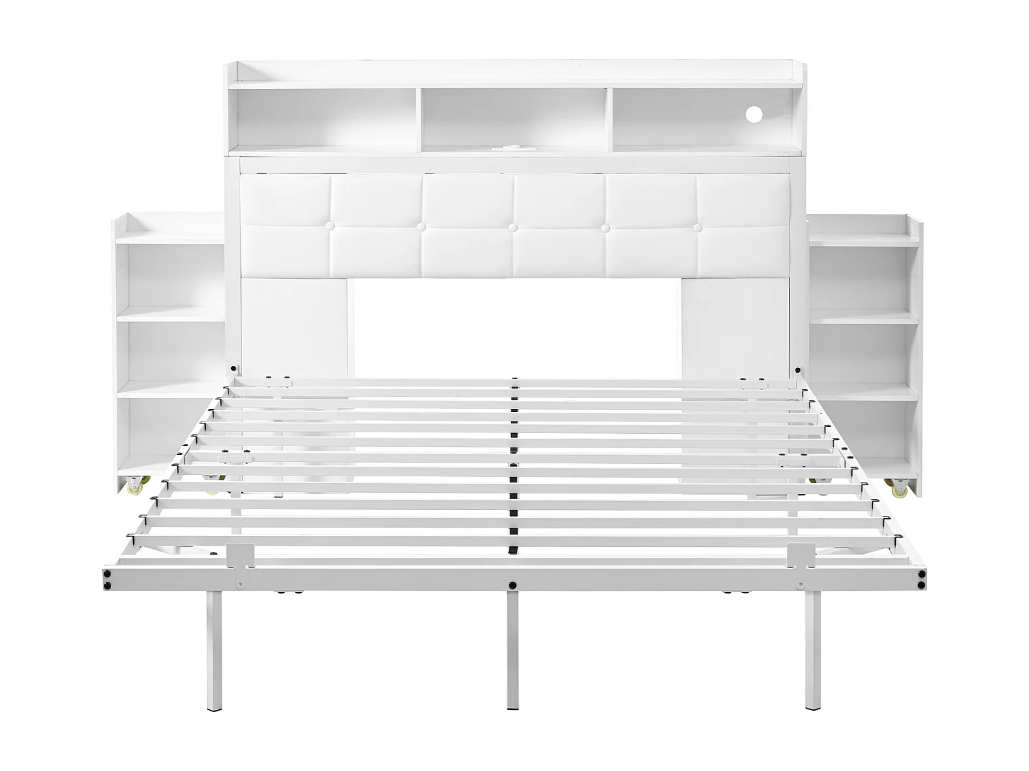 Lit double 140x190 cm avec LED station de charge et tables de chevet coulissantes, en fer, blanc (Sans matelas)