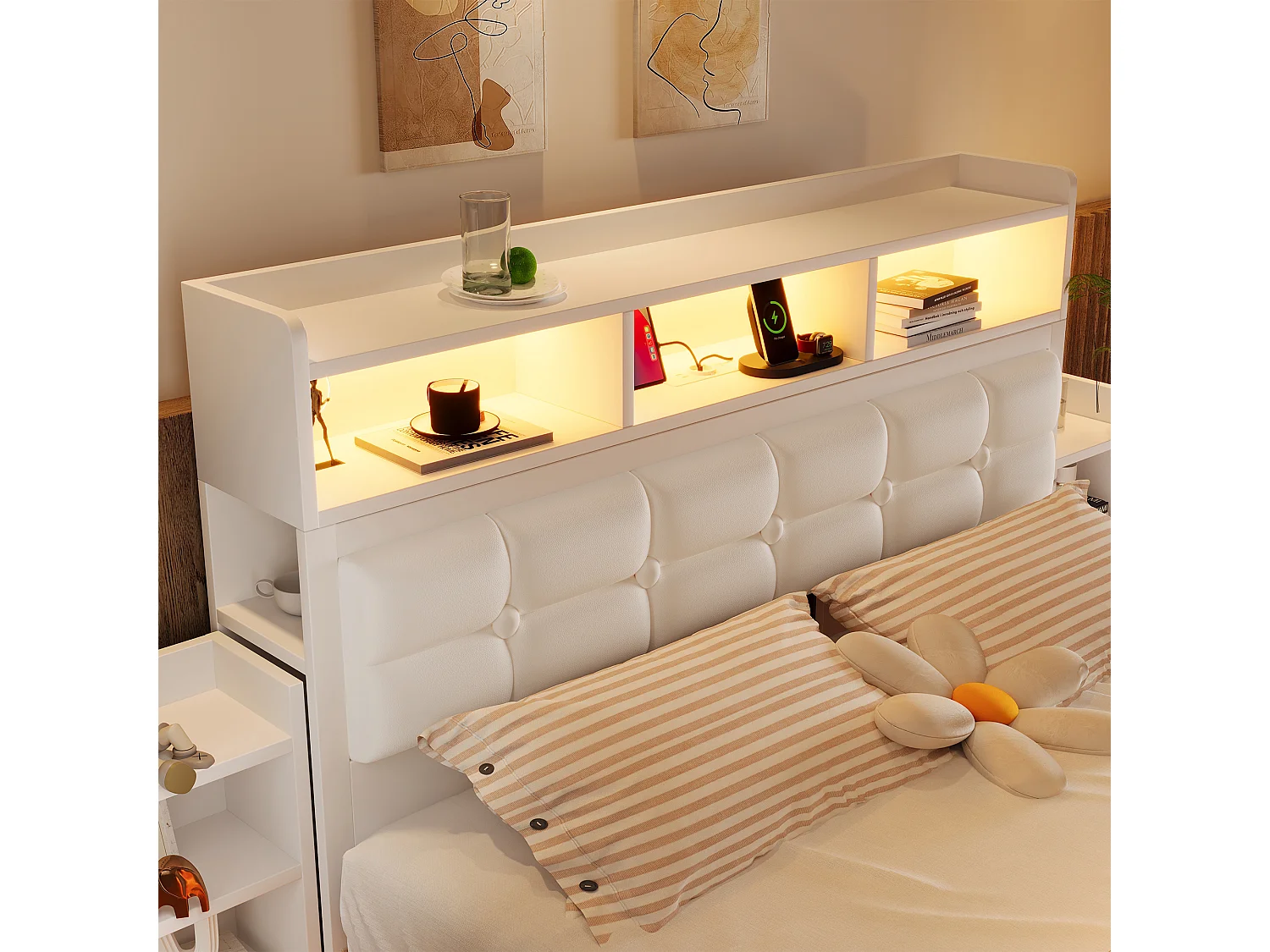 Lit double 140x190 cm avec LED station de charge et tables de chevet coulissantes, en fer, blanc (Sans matelas)