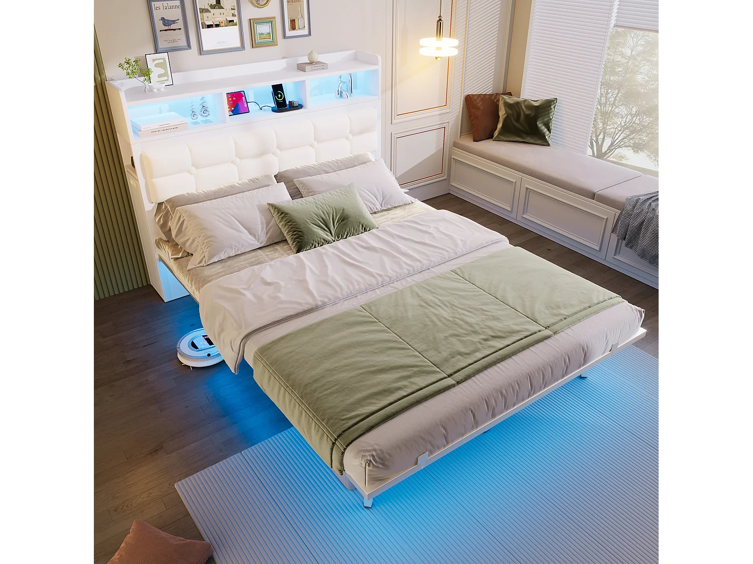 Lit double 140x190 cm avec LED station de charge et tables de chevet coulissantes, en fer, blanc (Sans matelas)