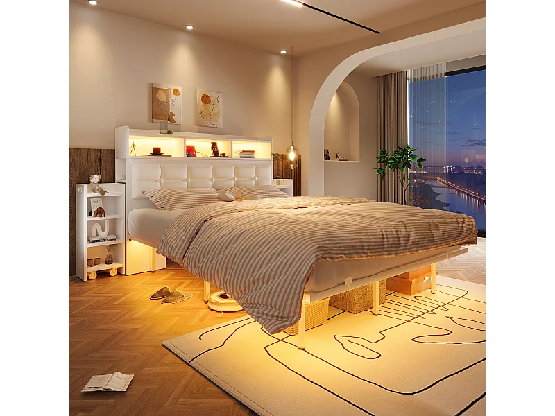 Lit double 140x190 cm cadre moderne avec grand rangement fer pour chambre blanc (Sans matelas)