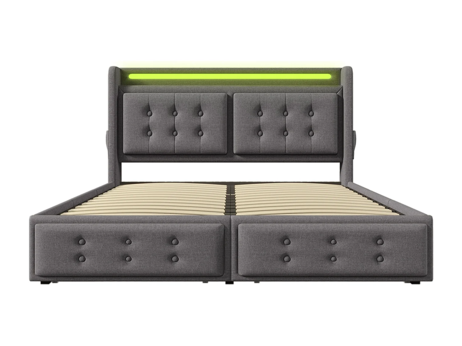 Lit adulte double 160x200 cm avec sommier et 4 tiroirs - tête de lit rembourrée LED et USB - coton - gris (sans matelas)