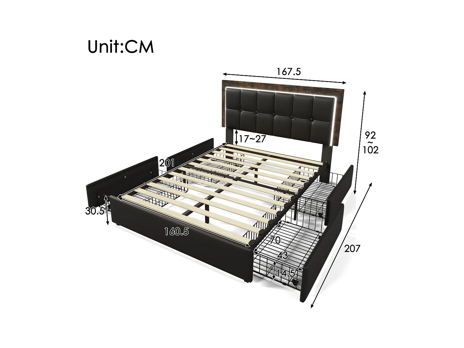 Lit adulte 2 places 160x200cm avec sommier et 4 tiroirs - tête de lit réglable avec LED - similicuir - noir (sans matelas)