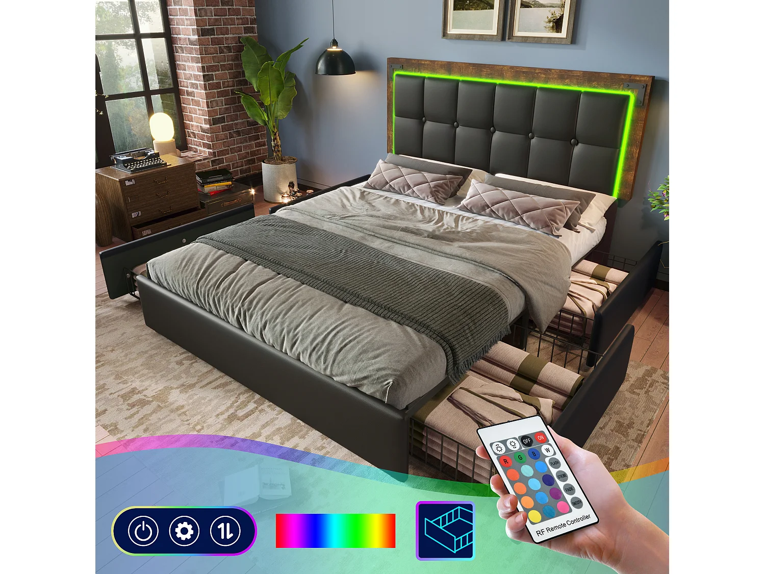 Lit adulte 160x200cm avec sommier et 4 tiroirs - tête de lit réglable avec LED - similicuir - noir (sans matelas)