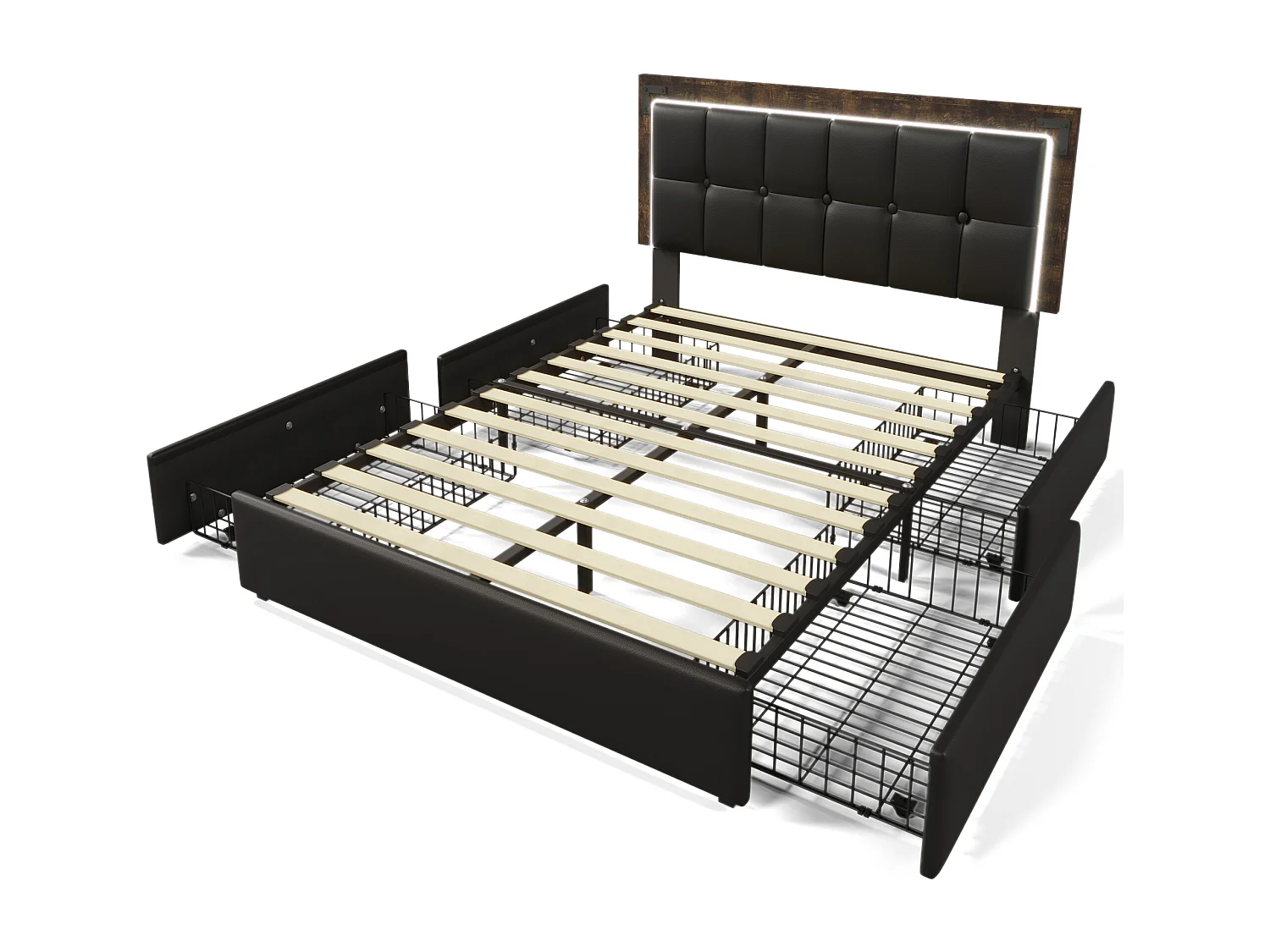 Lit adulte 160x200cm avec sommier et 4 tiroirs - tête de lit réglable avec LED - similicuir - noir (sans matelas)