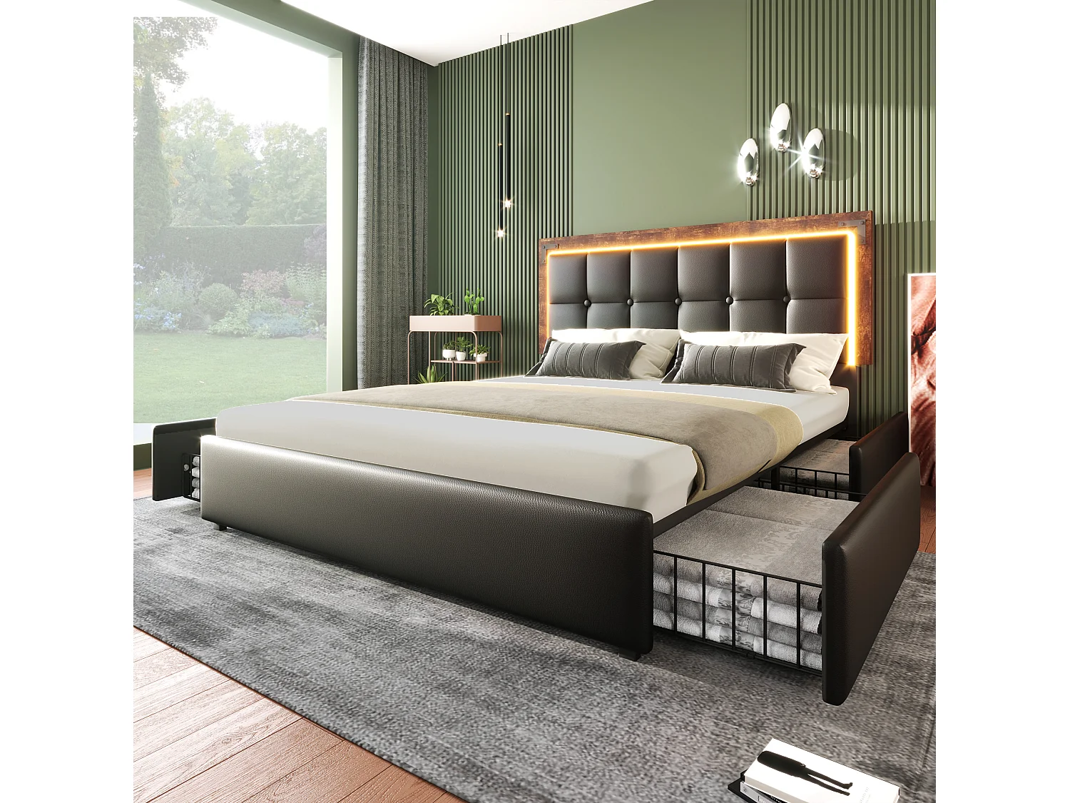 Tweepersoonsbed voor volwassenen 160x200cm met lattenbodem en 4 lades - verstelbaar hoofdeinde met LED-verlichting - kunstleer - zwart (zonder matras)