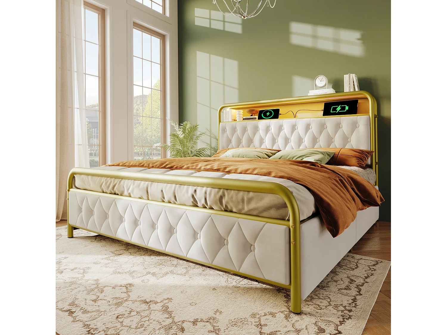 Lit adulte 140x200 cm avec sommier et 2 tiroirs - cadre de lit en métal avec USB et LED - velours - blanc (sans matelas)