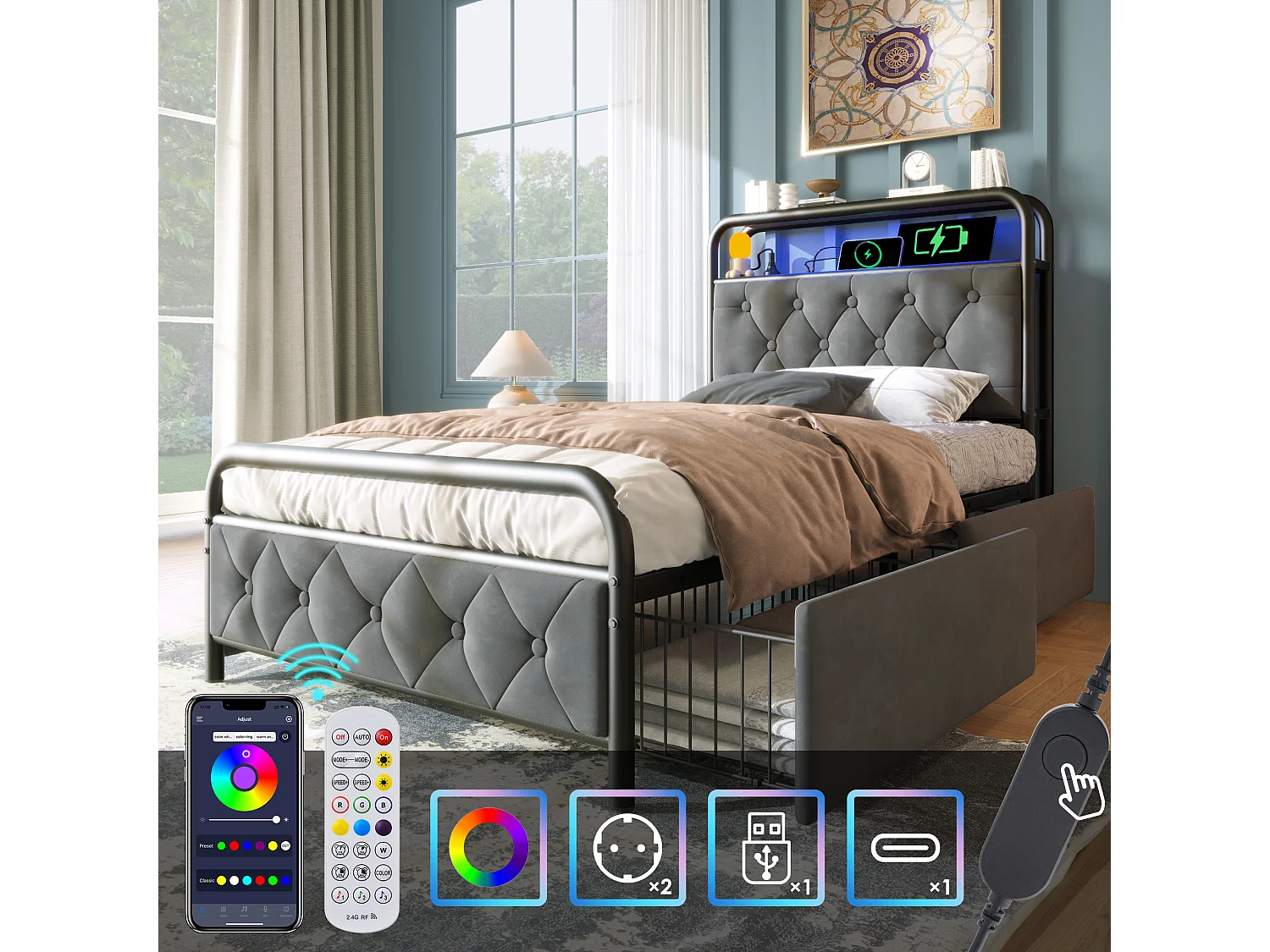 Eenpersoonsbed kinderbed 90x200 cm met lattenbodem en 2 lades - metalen bedframe met USB en LED - fluweel - grijs (zonder matras)