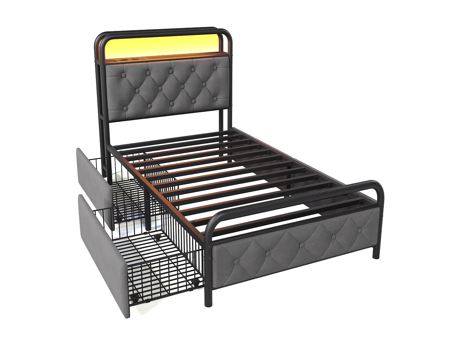 Eenpersoonsbed kinderbed 90x200 cm met lattenbodem en 2 lades - metalen bedframe met USB en LED - fluweel - grijs (zonder matras)