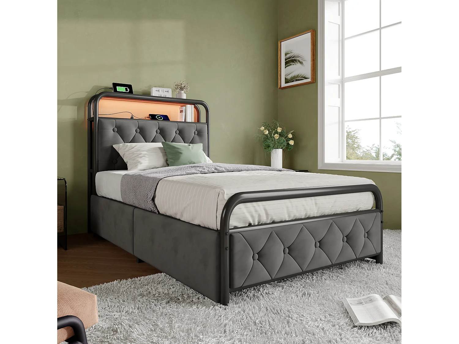 Eenpersoonsbed kinderbed 90x200 cm met lattenbodem en 2 lades - metalen bedframe met USB en LED - fluweel - grijs (zonder matras)