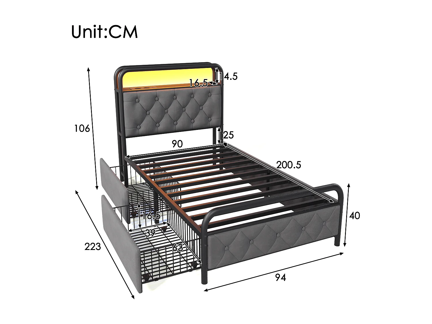 Eenpersoonsbed kinderbed 90x200 cm met lattenbodem en 2 lades - metalen bedframe met USB en LED - fluweel - grijs (zonder matras)