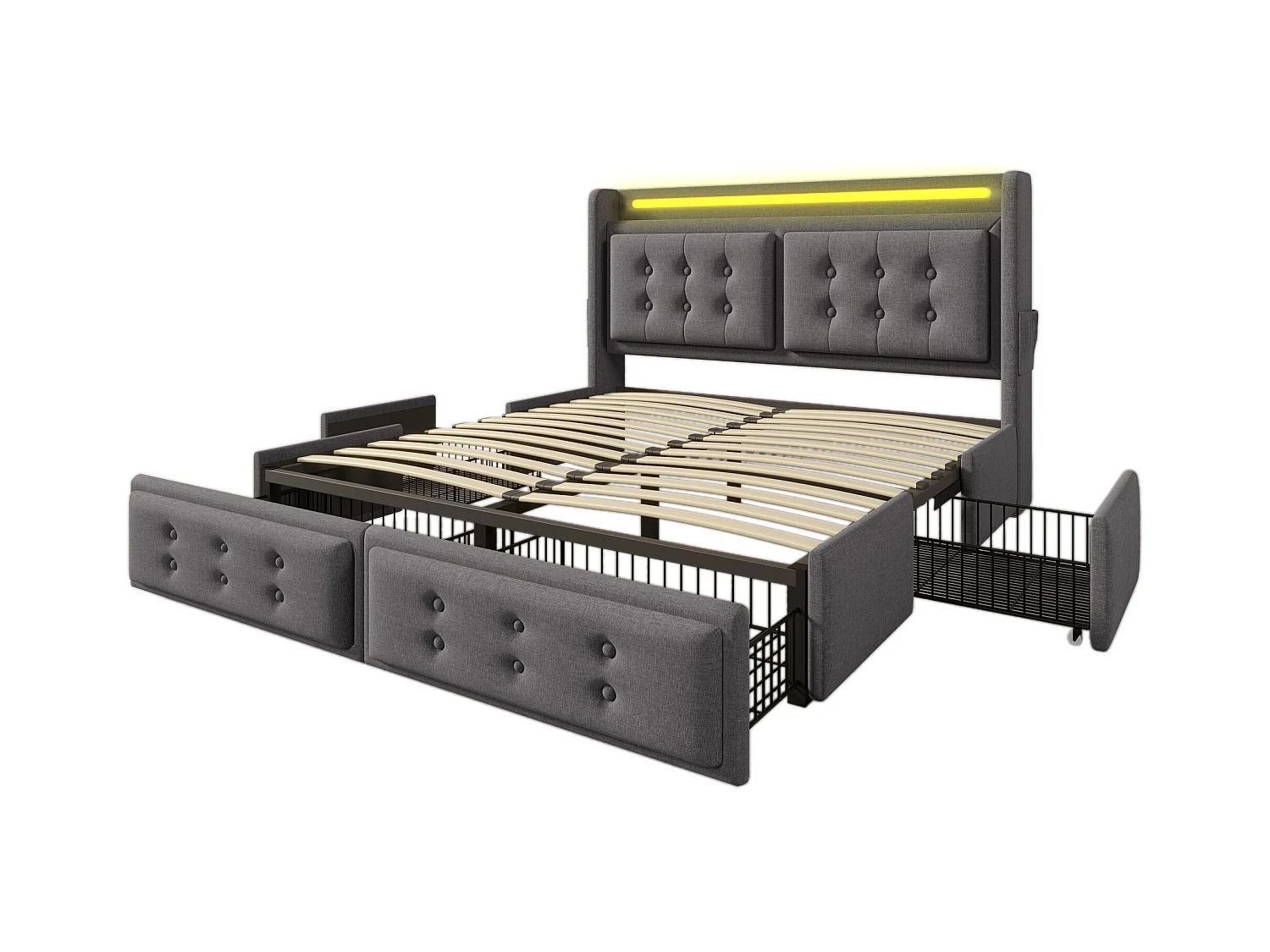 Lit adulte double 180x200 cm avec sommier et 4 tiroirs - tête de lit rembourrée LED et USB - coton - gris (sans matelas)