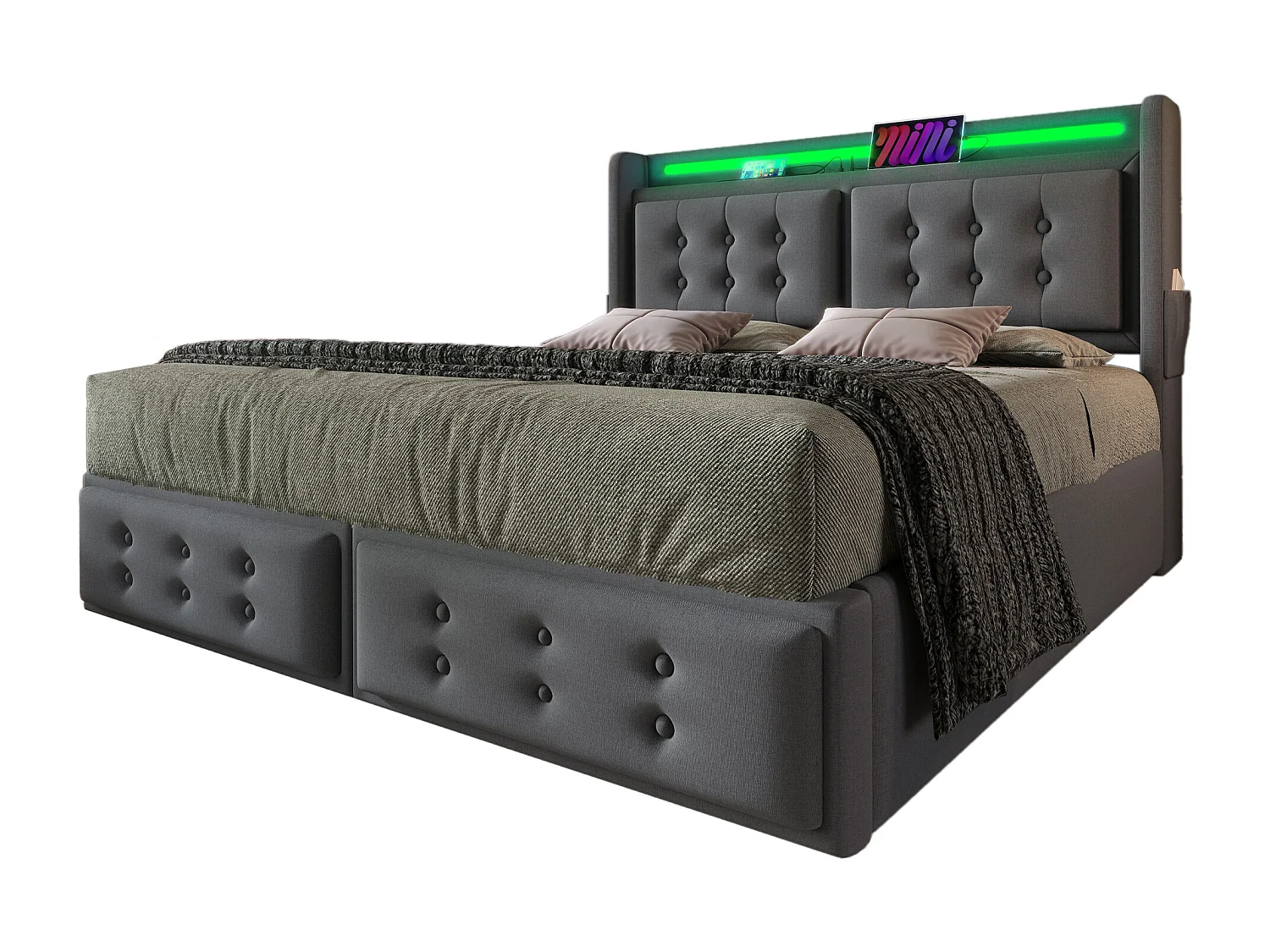 Lit adulte 180x200 cm avec sommier et 4 tiroirs - tête de lit rembourrée LED et USB - coton - gris (sans matelas)