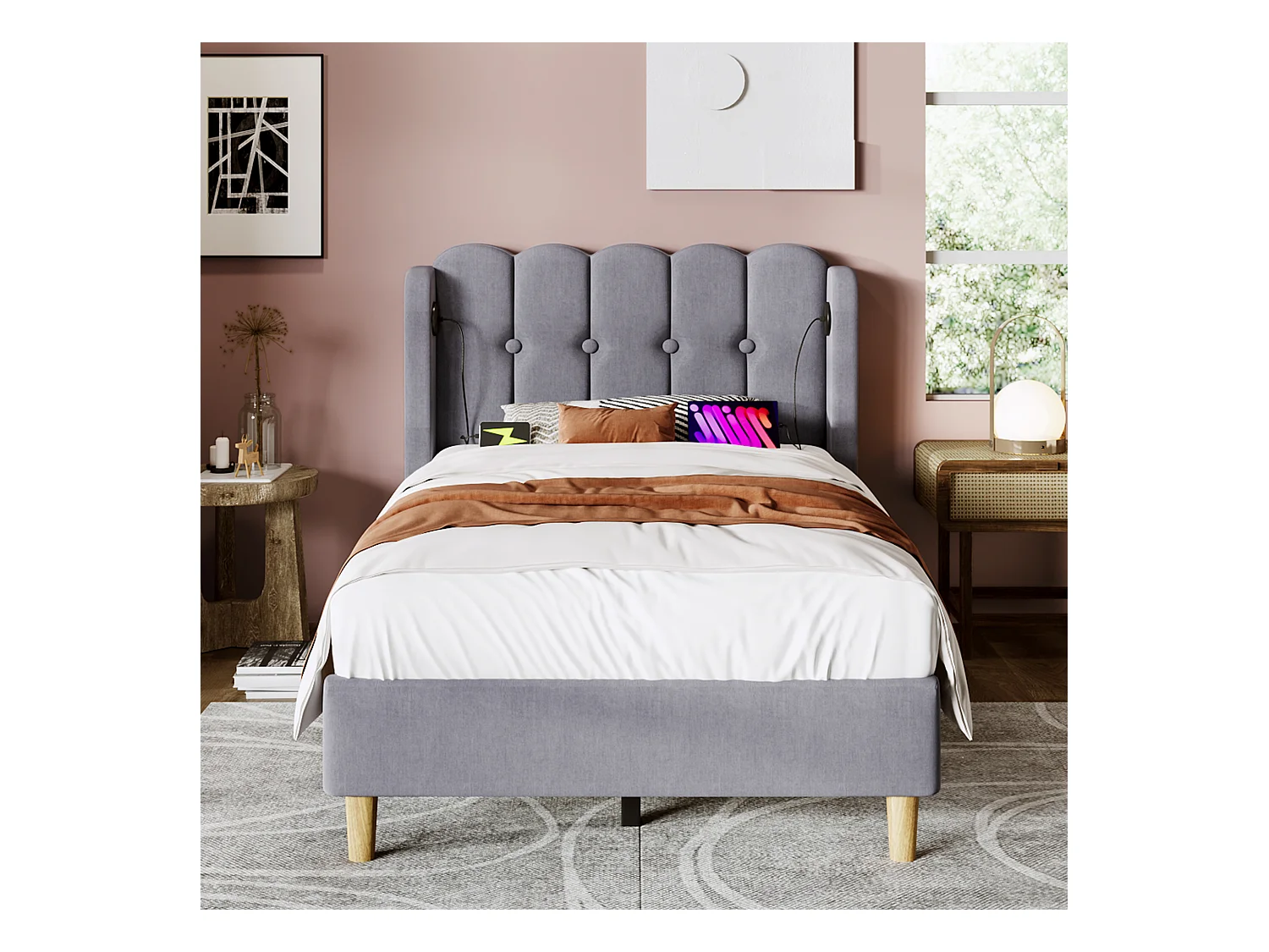 Lit enfant 90x200 cm avec sommier - tête de lit capitonnée avec USB - cadre de lit en bois - lin gris (sans matelas)