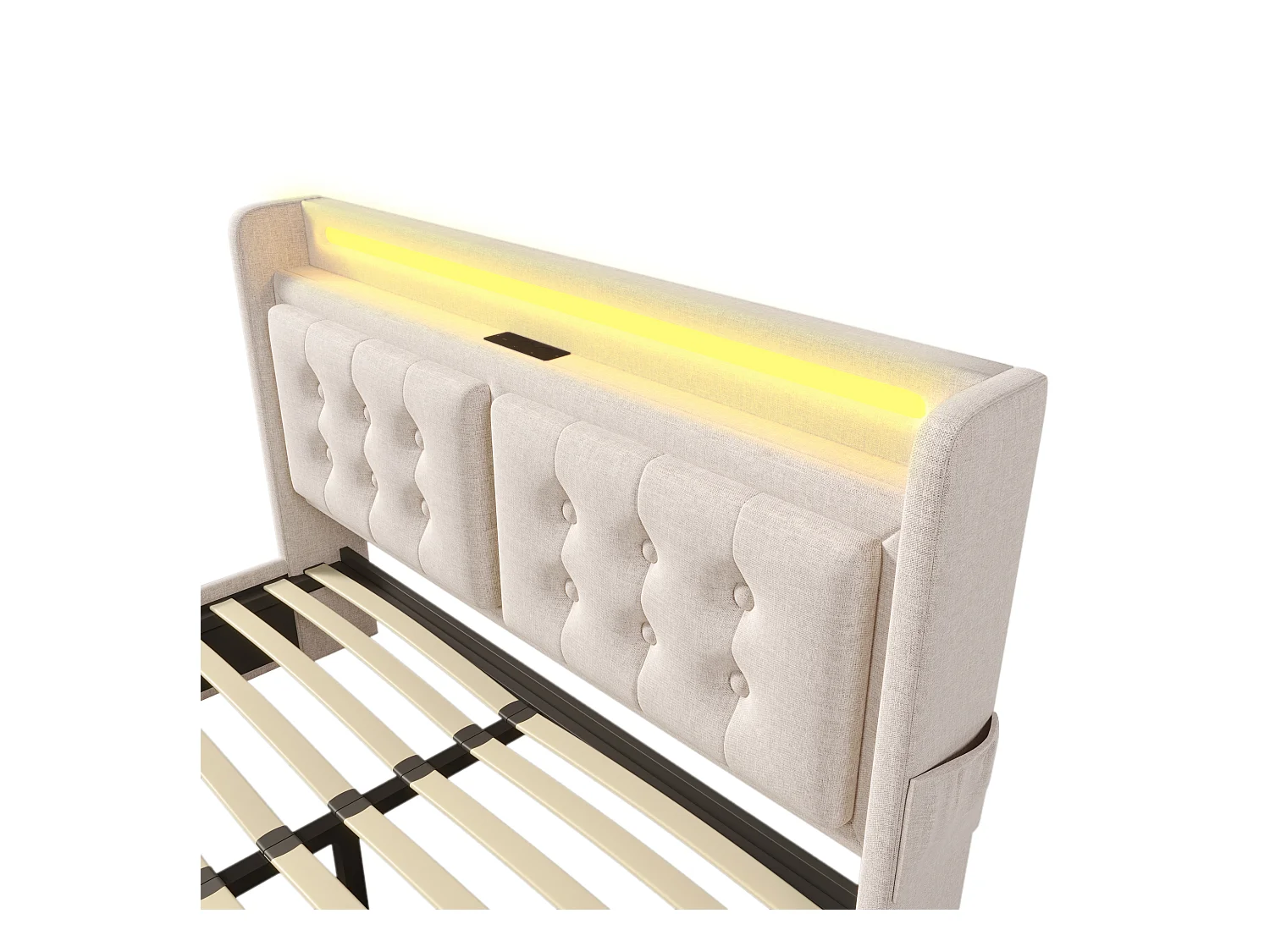 Lit adulte double 140x200 cm avec sommier et 4 tiroirs - tête de lit rembourrée LED et USB - coton - beige (sans matelas)