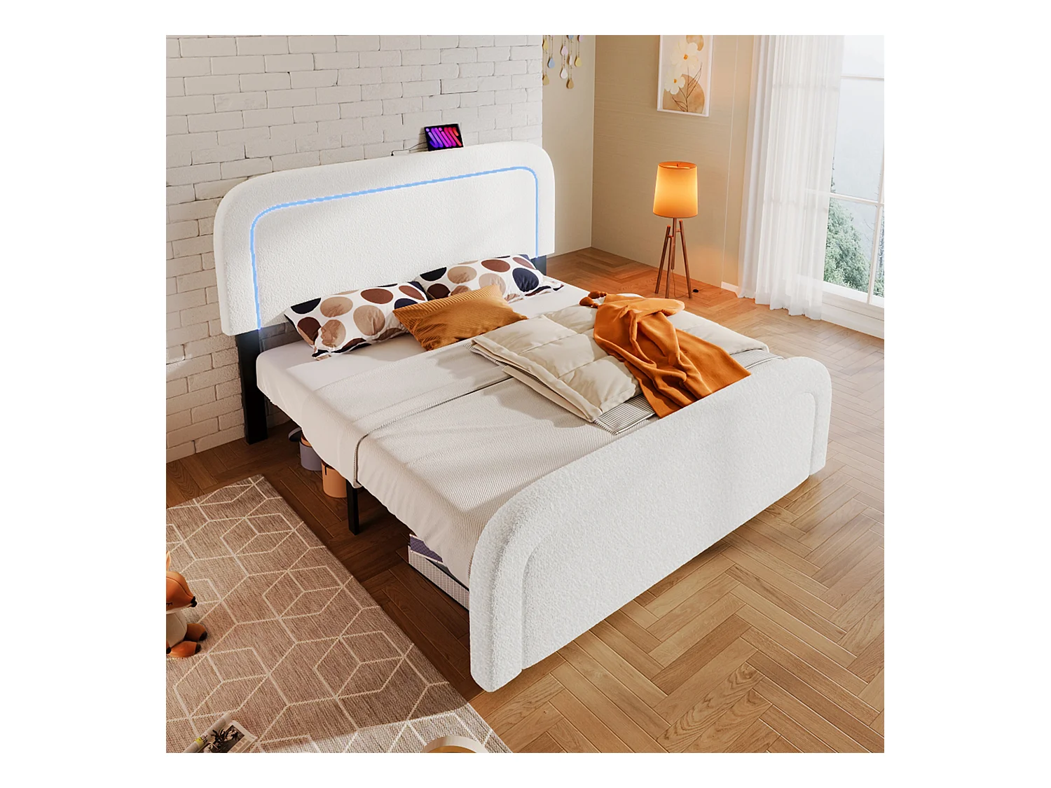Lit adulte 160x200cm avec sommier - tête de lit réglable avec USB et LED - sherpa - blanc (sans matelas)