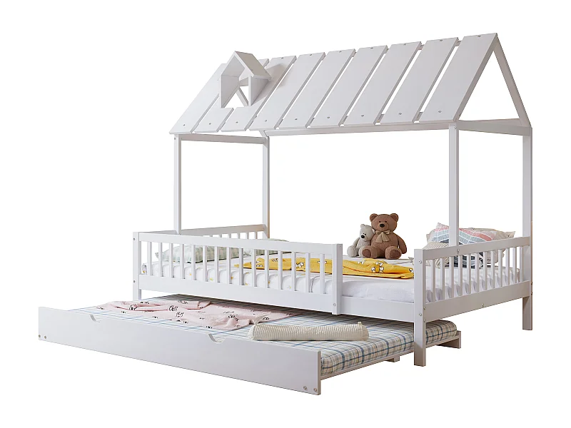 Lit cabane 120x200 avec lit gigogne, avec toit et grille 3 côtés, en bois, blanc (Sans matelas)