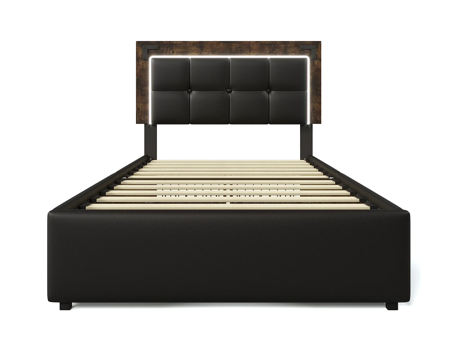 Lit enfant 90x200cm avec sommier et 4 tiroirs - tête de lit réglable avec LED - similicuir - noir (sans matelas)