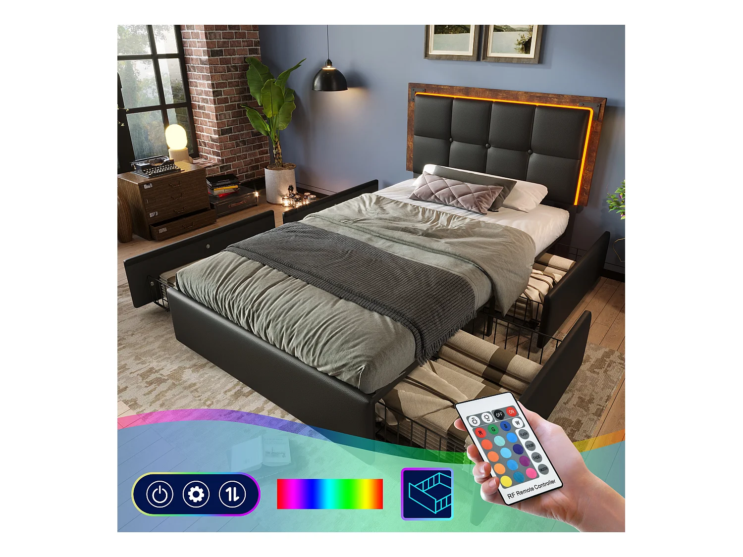 Lit enfant simple 90x200cm avec sommier et 4 tiroirs - tête de lit réglable avec LED - similicuir - noir (sans matelas)