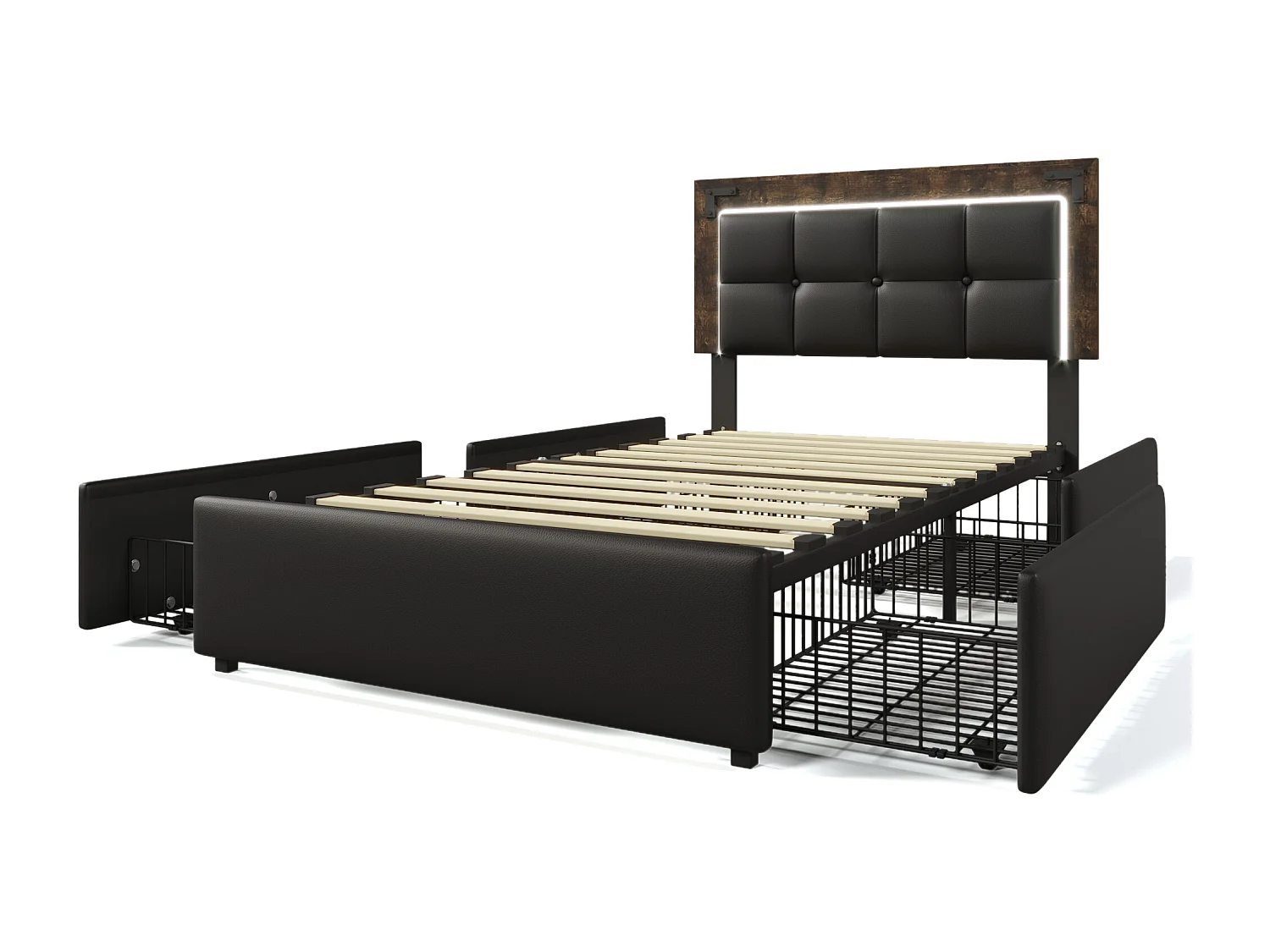Lit 90x200 avec LED, 4 tiroirs, tête de lit réglable, en PU noir (Sans matelas)