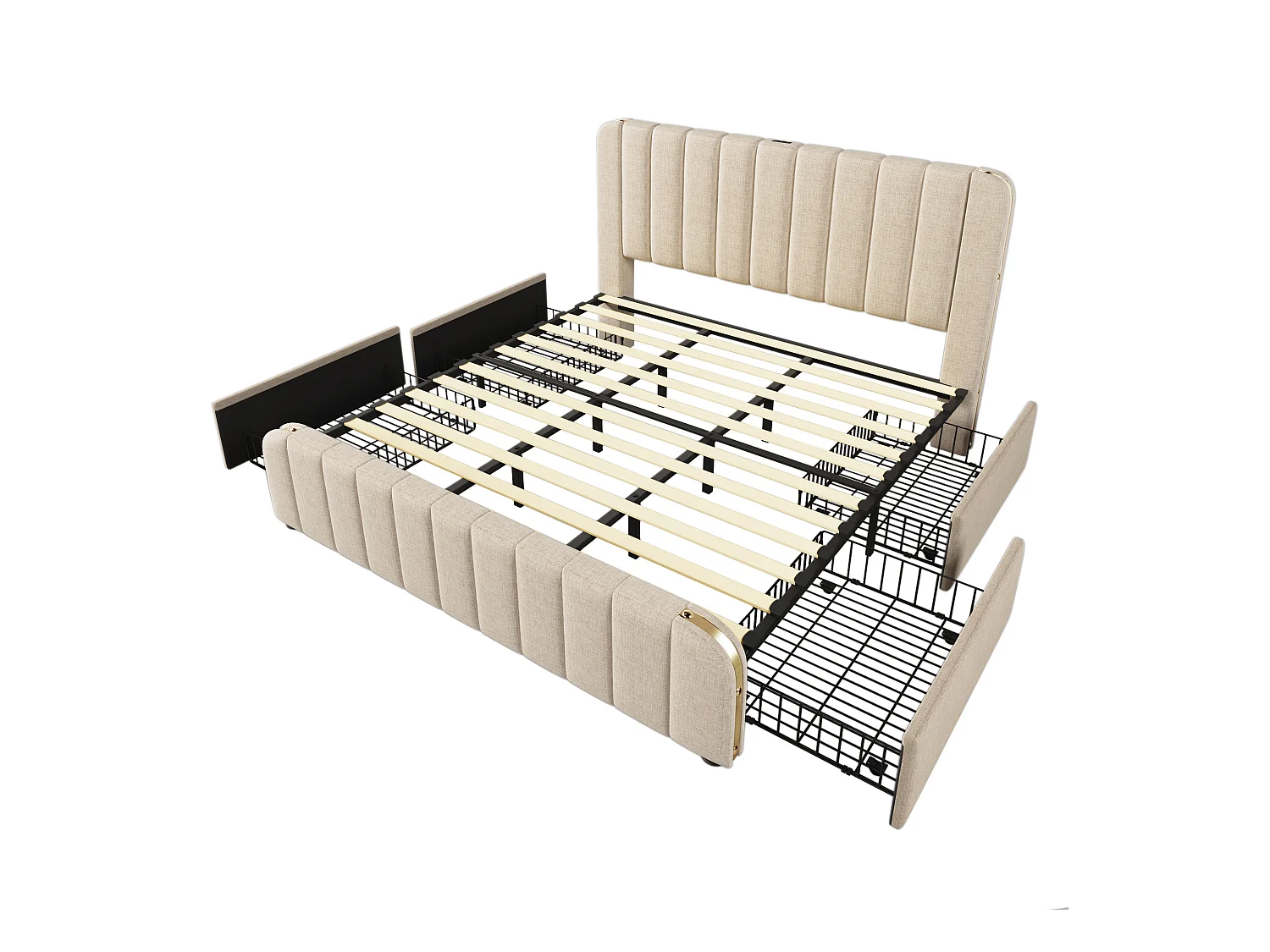 Volwassen opbergbed 180x200 cm met onderstel - gewatteerd hoofdeinde met USB en 4 lades - linnen stof - beige (zonder matras)