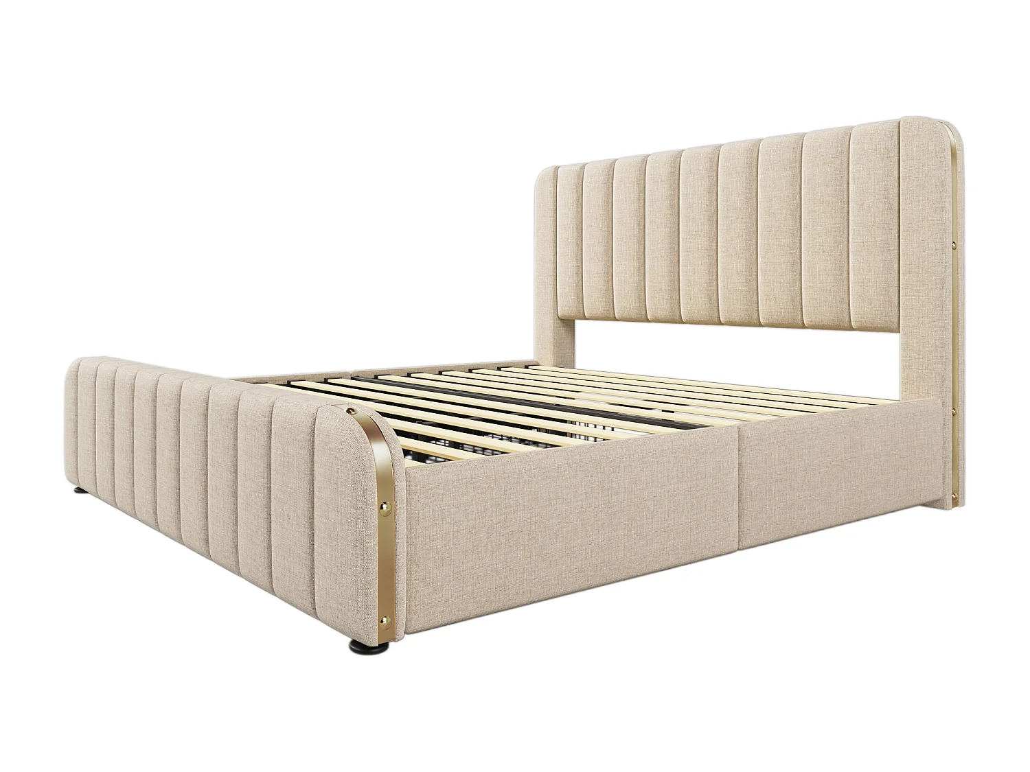 Lit coffre 180x200 cm avec sommier - tête de lit capitonnée avec USB et 4 tiroirs - tissu lin - beige (sans matelas)