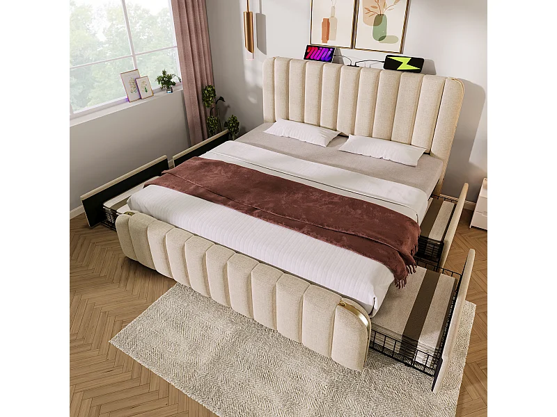 Volwassen opbergbed 180x200 cm met onderstel - gewatteerd hoofdeinde met USB en 4 lades - linnen stof - beige (zonder matras)