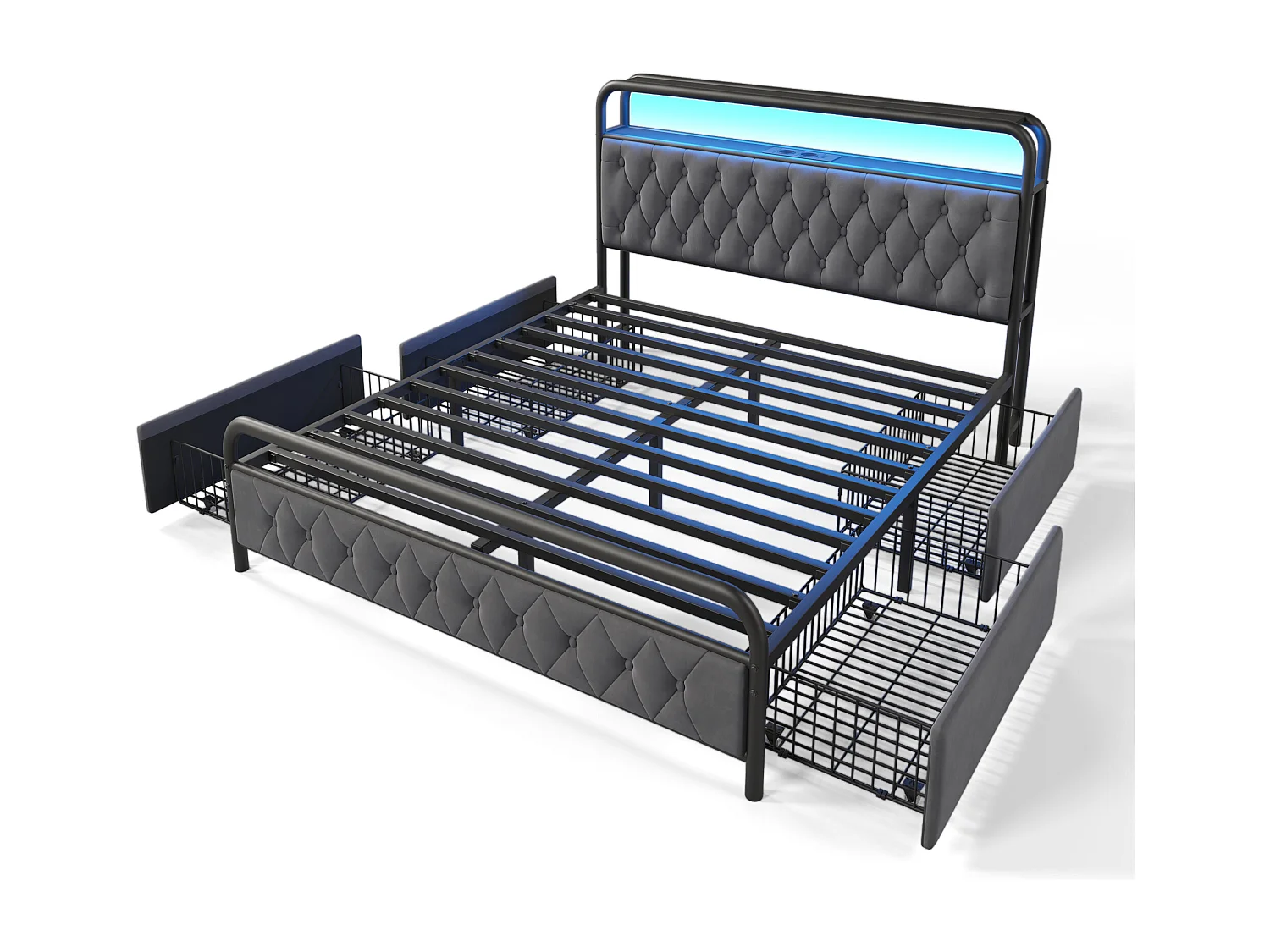 Tweepersoonsbed voor volwassenen 180x200 cm met lattenbodem en 2 lades - metalen bedframe met USB en LED - fluweel - grijs (zonder matras)