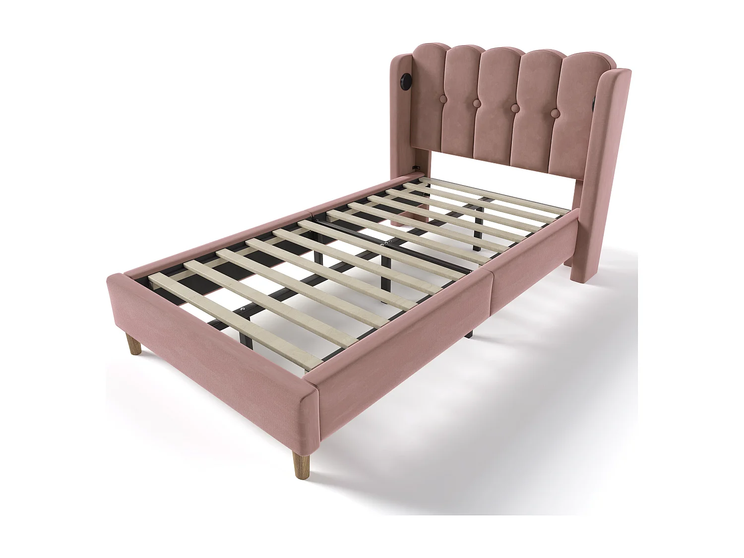 Lit enfant 90x200 cm avec sommier - tête de lit capitonnée avec USB - cadre de lit en bois - velours rose (sans matelas)