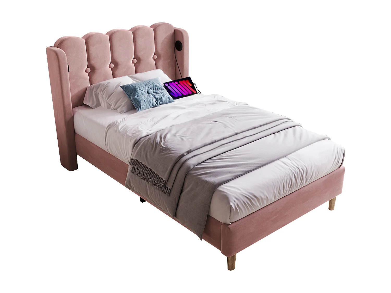 Lit enfant 90x200 cm avec sommier - tête de lit capitonnée avec USB - cadre de lit en bois - velours rose (sans matelas)