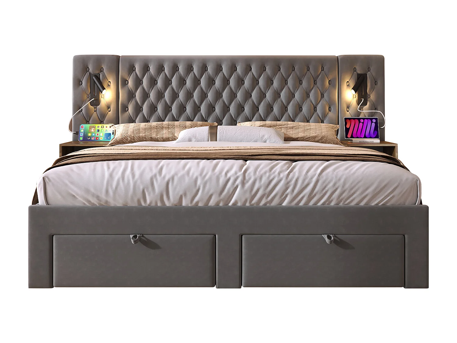 Tweepersoonsbed voor volwassenen 180x200 cm met 2 nachtkastjes en 4 lades - hoofdbord met verlichting en USB - grijs fluweel (zonder matras)