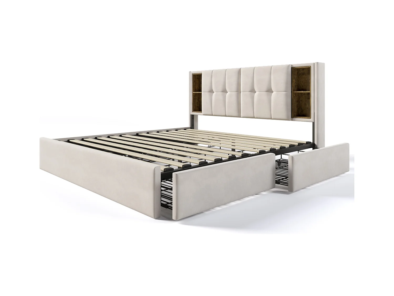 Lit double adulte 160x200cm avec sommier et 4 tiroirs - tête de lit avec USB - velours - beige (sans matelas)