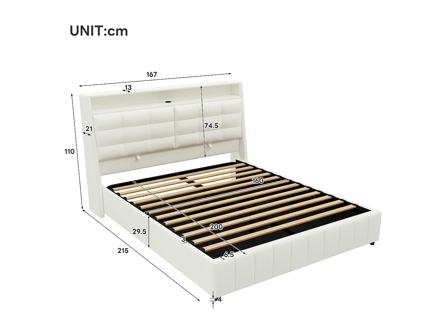 Lit double 160x200cm Style contemporain Confort appui coussin réglable 12 lattes Capacité 220kg MDF PU Blanc (Sans matelas)