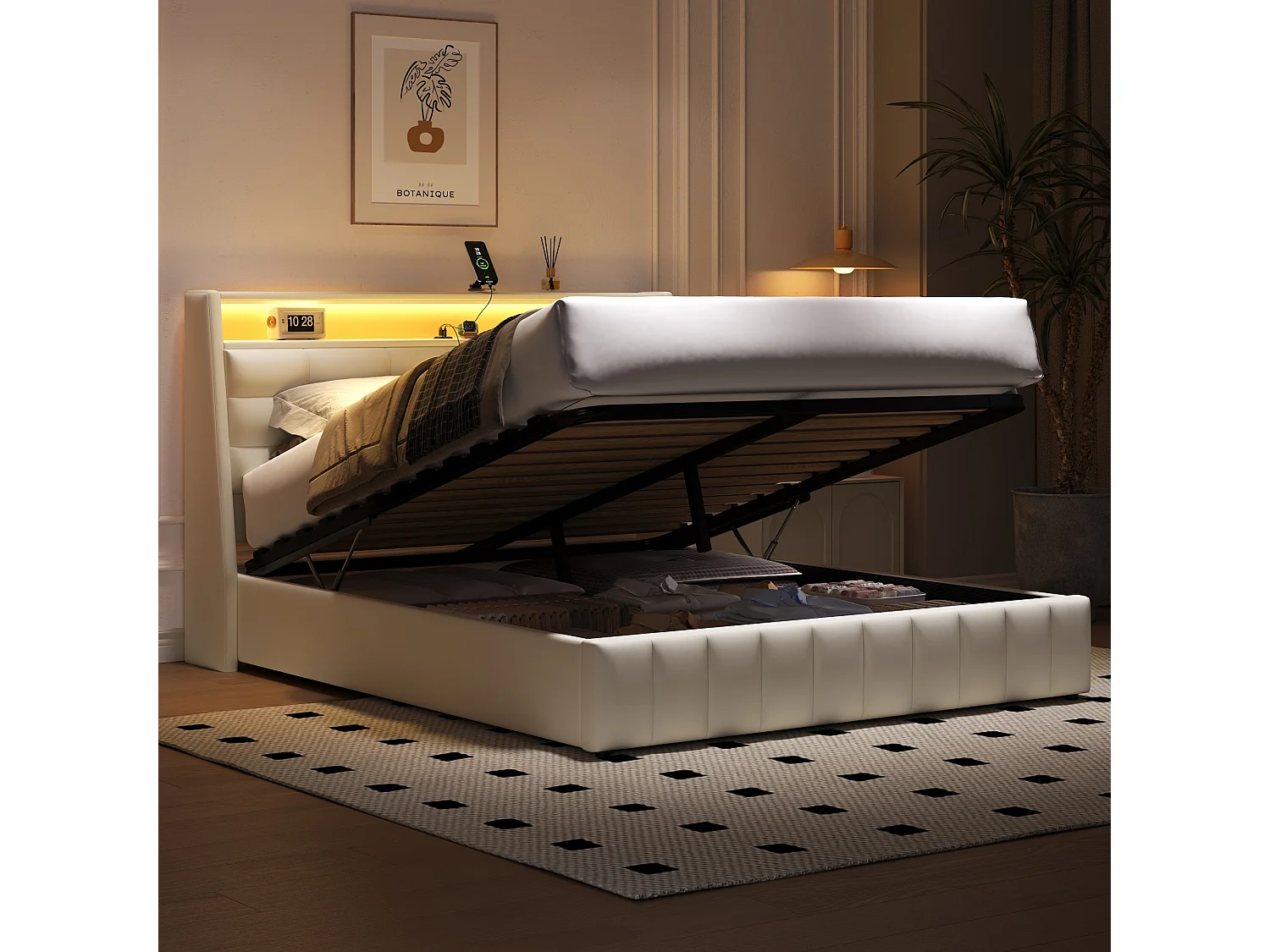 Lit double 160x200cm Style contemporain Confort appui coussin réglable 12 lattes Capacité 220kg MDF PU Blanc (Sans matelas)