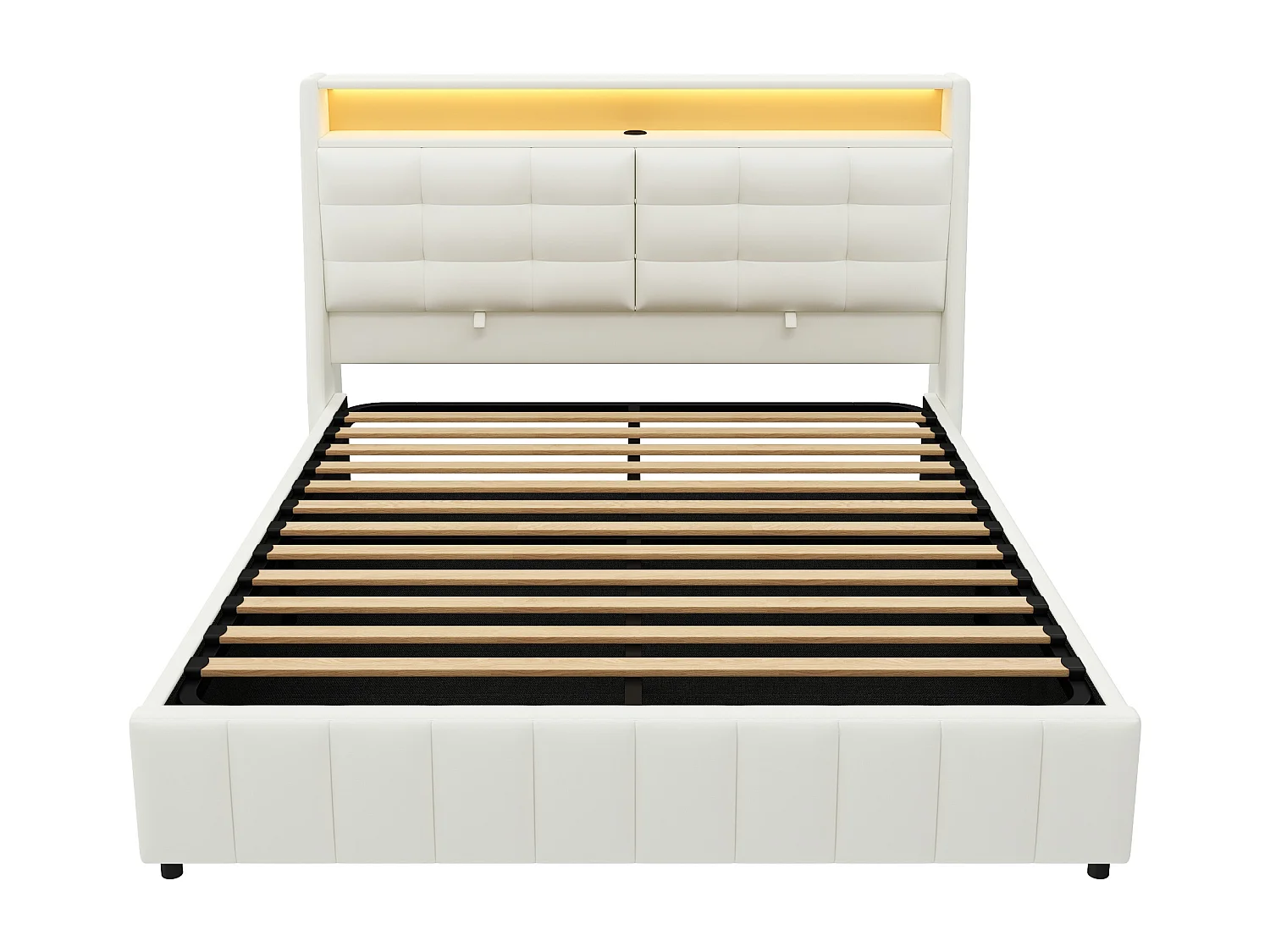 Lit plateforme 160x200 avec rangement sous le lit, éclairage LED 7 couleurs et USB, dossier réglable, MDF contreplaqué PU, blanc (Sans matelas)