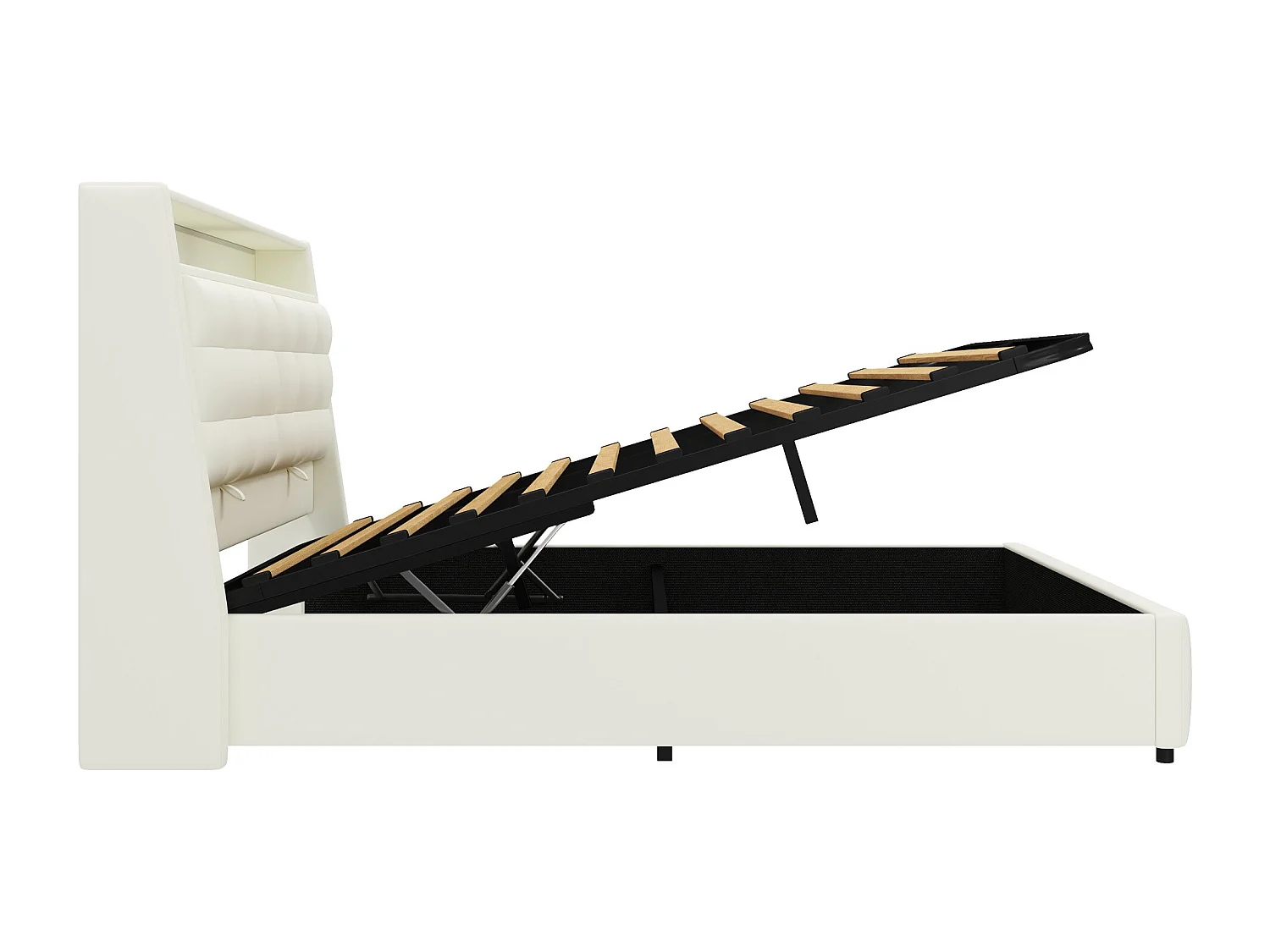 Lit plateforme 160x200 avec rangement sous le lit, éclairage LED 7 couleurs et USB, dossier réglable, MDF contreplaqué PU, blanc (Sans matelas)