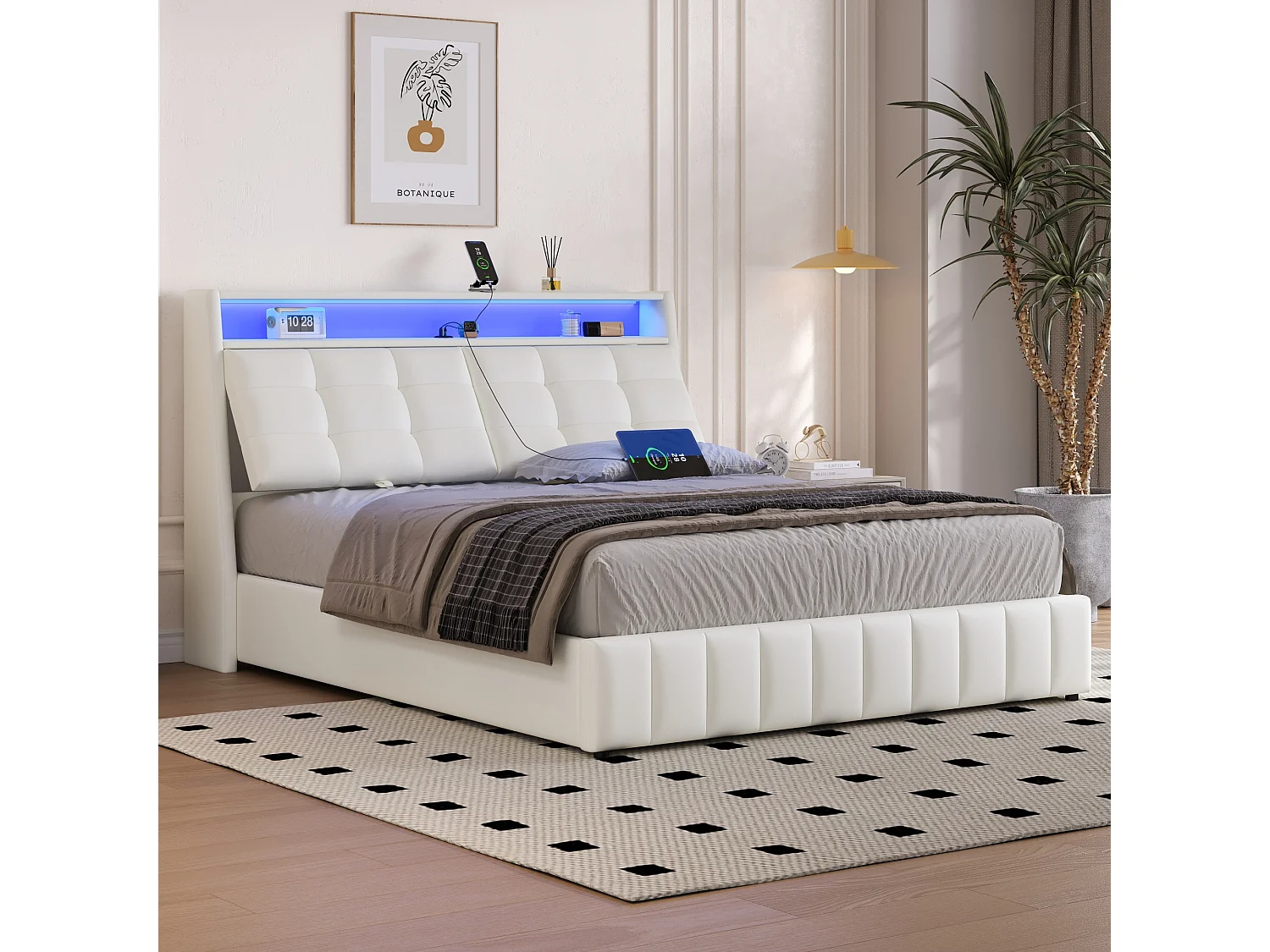 Lit plateforme 160x200 avec rangement sous le lit, éclairage LED 7 couleurs et USB, dossier réglable, MDF contreplaqué PU, blanc (Sans matelas)