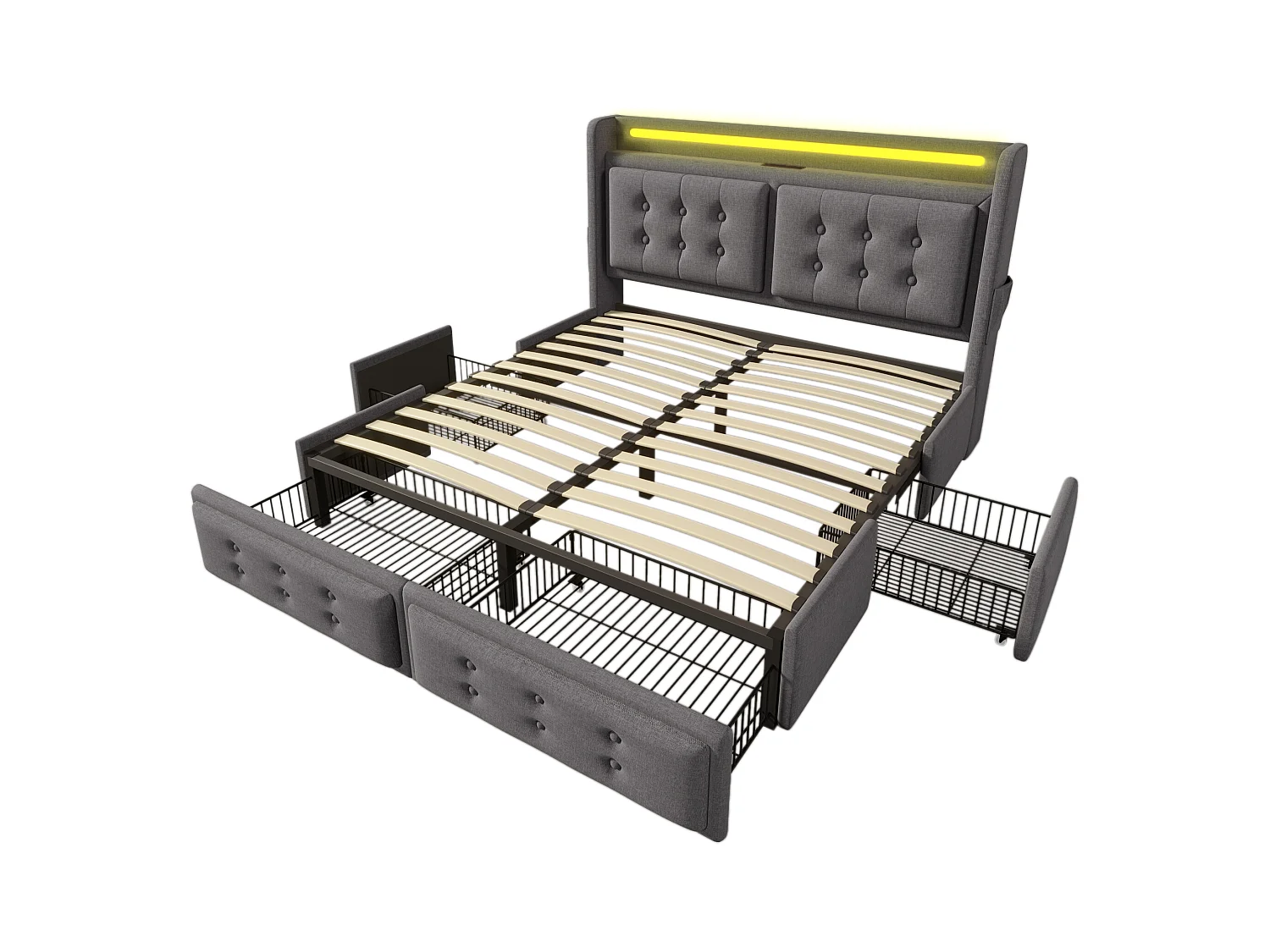 Lit adulte double 140x200 cm avec sommier et 4 tiroirs - tête de lit rembourrée LED et USB - coton - gris (sans matelas)