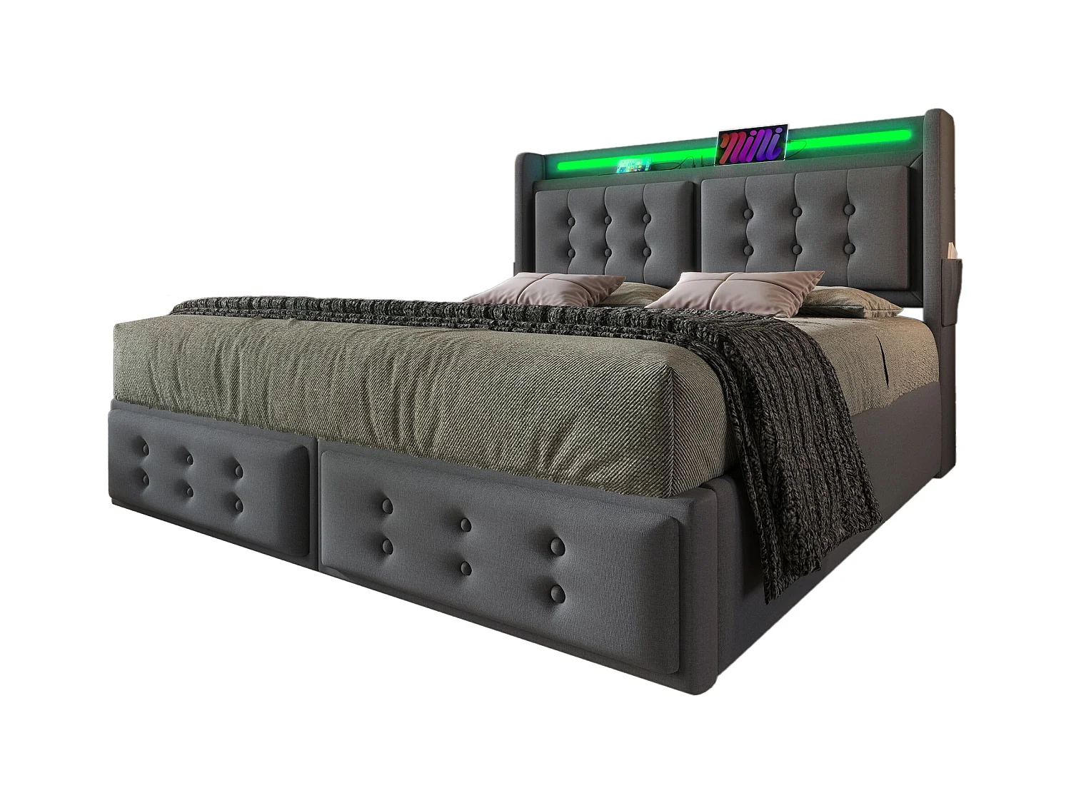 Lit adulte double 140x200 cm avec sommier et 4 tiroirs - tête de lit rembourrée LED et USB - coton - gris (sans matelas)