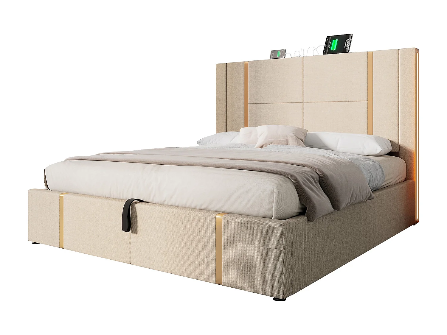 Lit coffre 160x200 cm avec sommier - tête de lit capitonnée avec USB et LED - lin - beige (sans matelas)