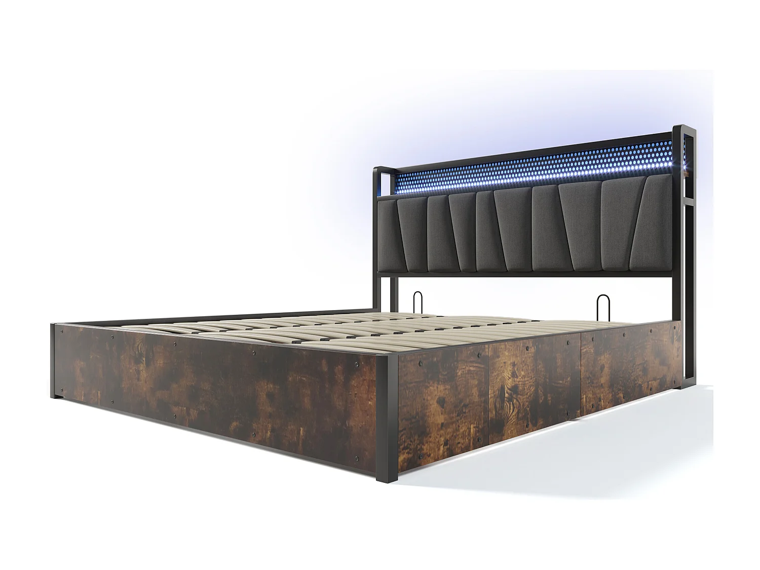 Lit coffre 180x200cm avec cadre métallique - tête de lit avec USB et LED - lin gris (sans matelas)